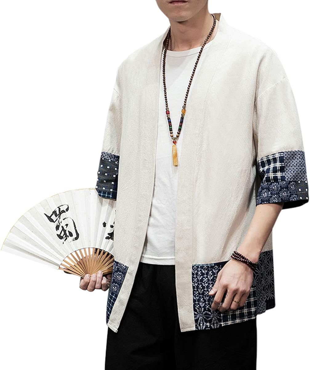 PRIJOUHE Men's Kimono Jackets Cardigan Lightweight Casual Cotton Blends Linen Seven Sleeves Open Front Coat Outwear at  Men’s Clothing store