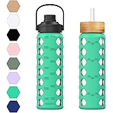 MUKOKO 24oz Glass Water Bottle with 2 Lids-Handle Flip Lid&Bamboo Straw Lid,Motivational Water Tumbler with Time Marker Reminder and Silicone Sleeve, Leakproof-Green
