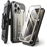 SUPCASE for iPhone 15 Pro Case with Stand & Belt-Clip, [Unicorn Beetle Pro] [Built-in Screen Protector] [Military-Grade Drop Protection] Full-Body Heavy Duty Rugged Phone Case, TiGray