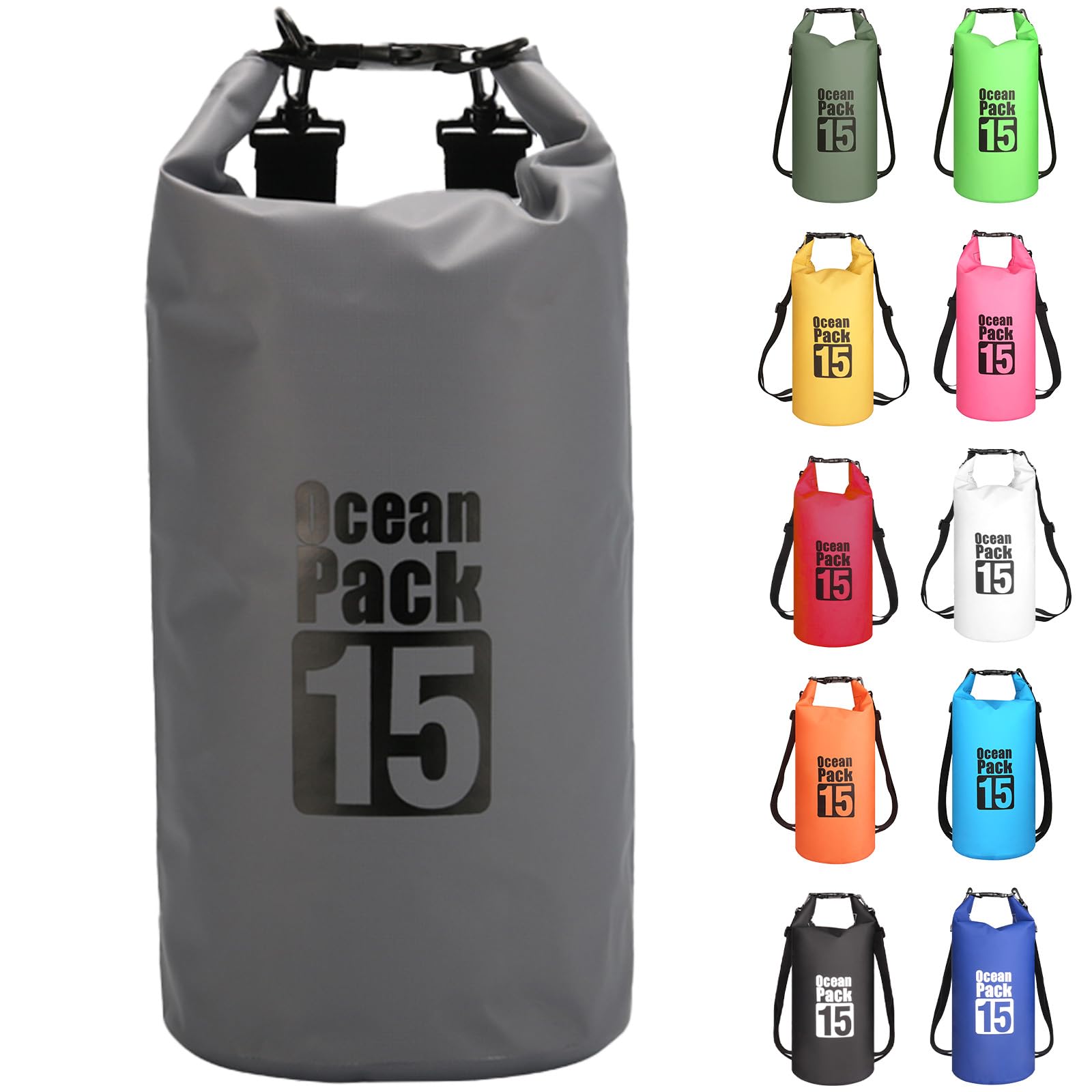 MORAINJAY 15L Grey Dry Bag,Waterproof Bag with Double Adjustable Shoulder Strap,Middle Capacity Dry Sack 2L 5L 10L 15L 20L 30L for Outdoor Camping,Rafting,Swimming,Boating,Surfing