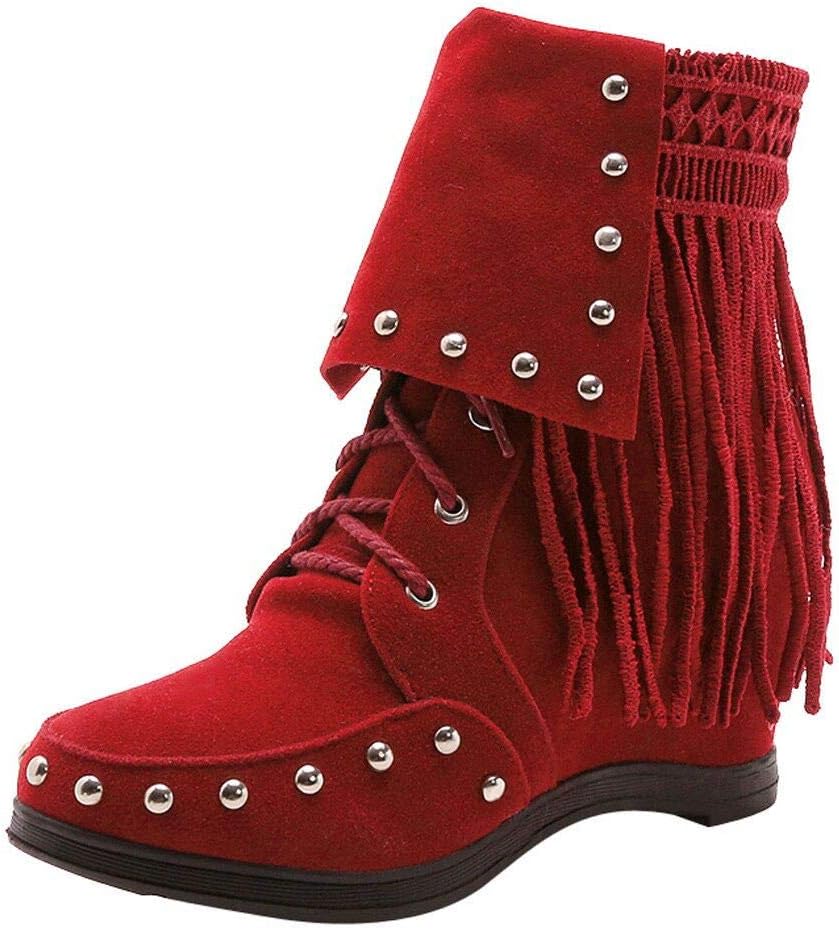 Kauneus Womens Tassel Studded Wedge Ankle Boot Boho Faux Suede Round Toe Hidden Wedges Lace Up Mid Calf Short Boot