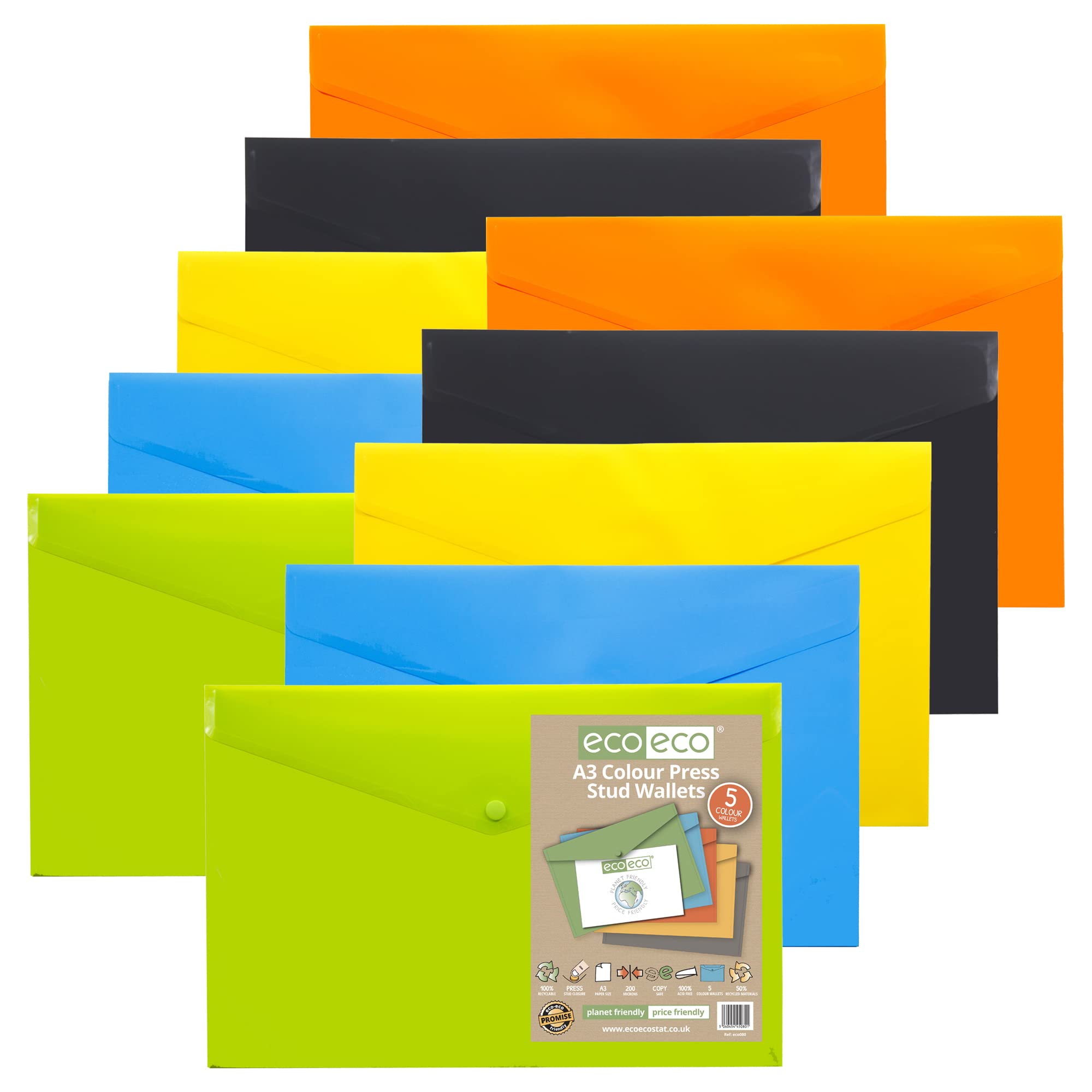 eco-eco A3 50% Recycled Assorted Colours Press Stud Popper Wallet, Plastic Folders (Pack of 10), Green, Black, Blue, Yellow, Orange, eco080x2