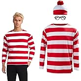 Ubaywey Red and White Striped Shirt Costume for Men Adult Cosplay Hat Glasses Outfits Halloween Suits