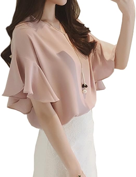 Amazon Co Jp Elpis レディース パール ペンダント シフォン シャツ 半袖 フリル ブラウス S M L Xl 全4色 グレーピンク Xl 服 ファッション小物