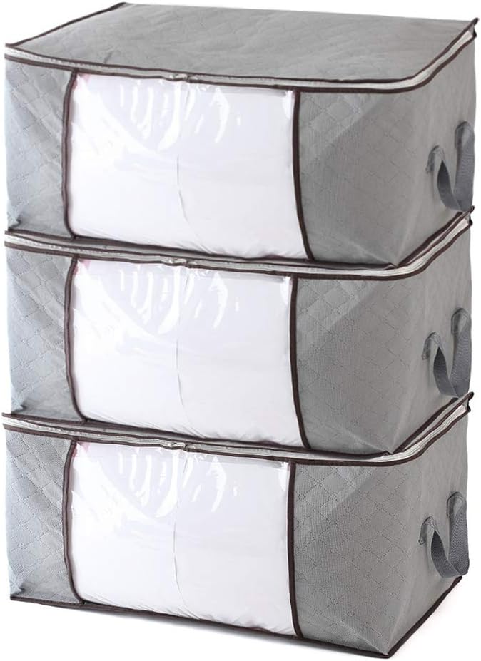 Aitmexcn Foldable Storage Bags, 84L Waterproof Anti-Mold Moisture Proof Large Capacity Thick Nonwoven Clothing Storage Bags for Comforters, Blankets, Bedding, Duvets, Clothes, Sweaters-Grey (3 Packs)