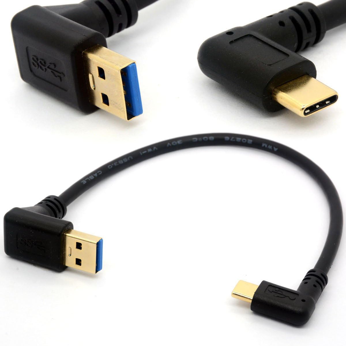 HUHANGGod Gold Plated Angled USB C Cable Extension 90 Degree Type C to USB 3.0 Down Angle Male Converter Data Sync USB-C Adapter cord (USB 3.0 Down)