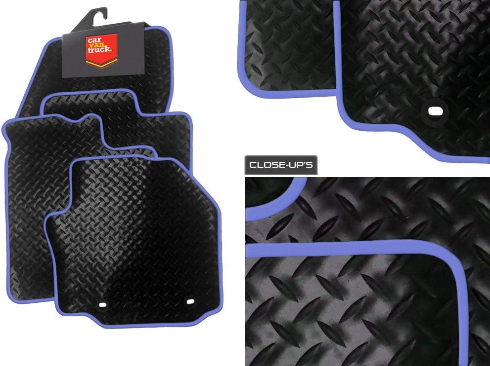 (M4-NOHOLES) 4 Piece BMW (2005-2011)3 Series Saloon E90 Car Mat Set -Black Rubber-Blue Trim