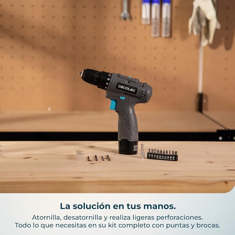Taladro a Batería PowerForce 1000. 12V 2000mAh, 2 Velocidades 400/1400rpm, Par de Apriete 28Nm en 20 Niveles, Luz LED, Cambio de Broca sin Llave, Diseño Ergonómico, Incluye Puntas y Brocas
