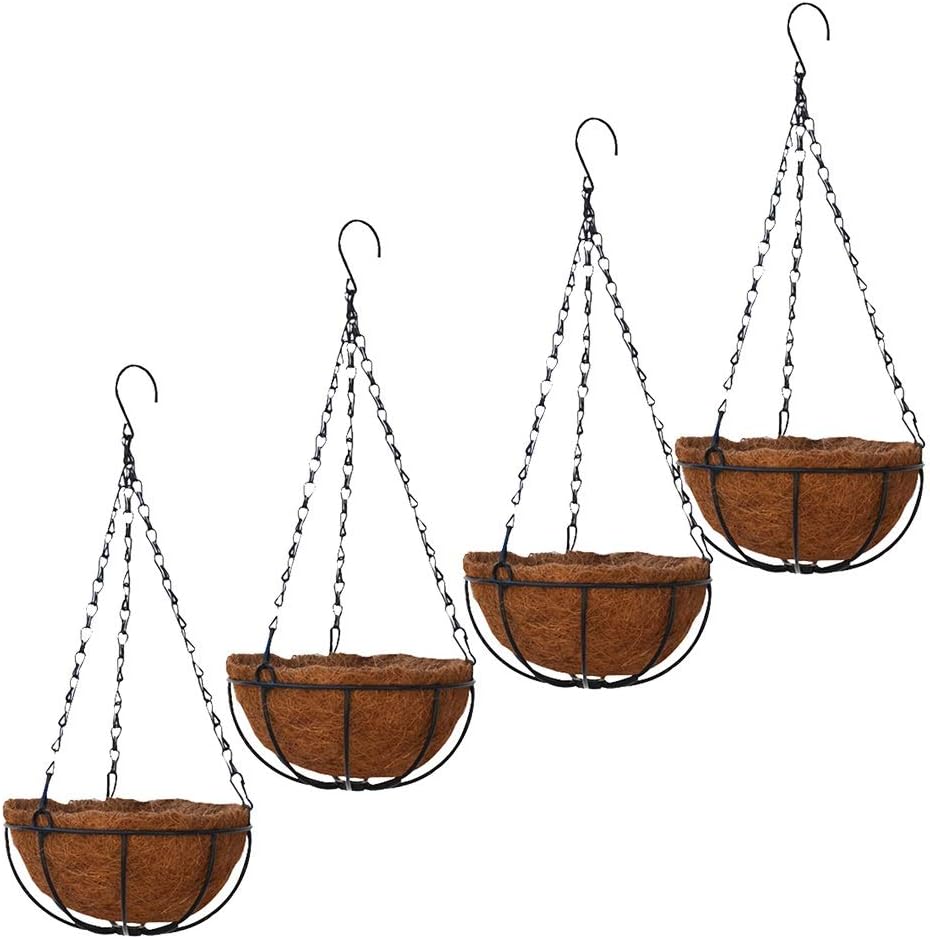 HENG 4 cestas de metal colgantes con forro de coco de 14 pulgadas de