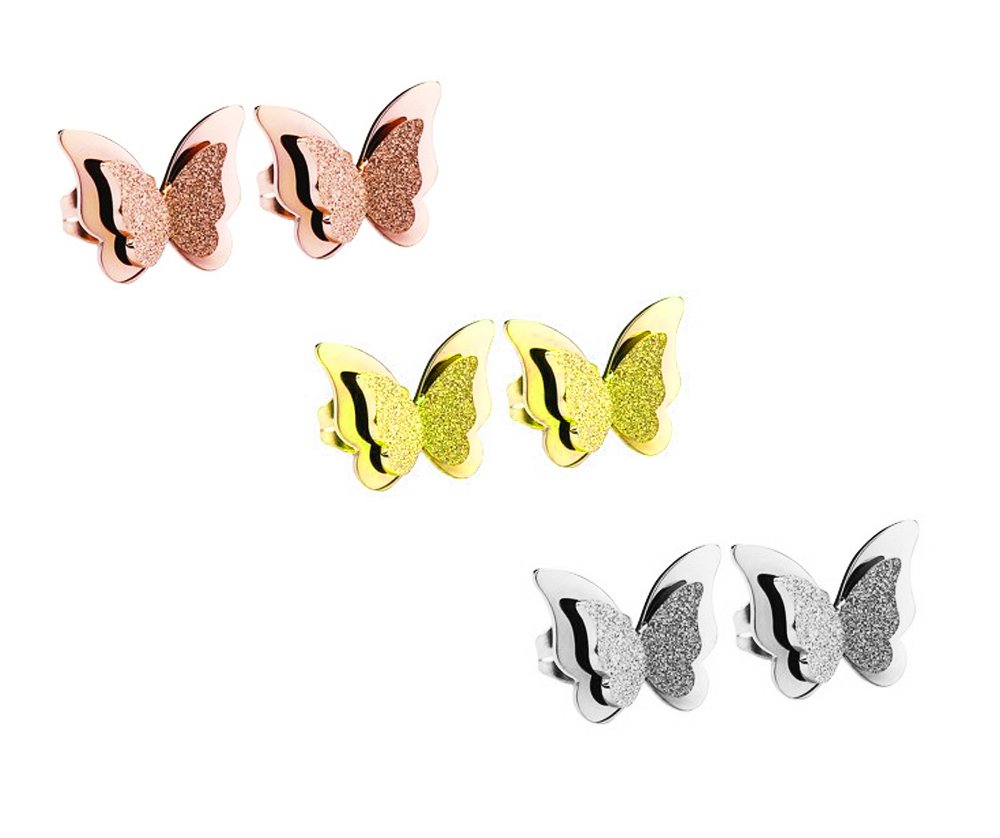 kaguyo 3 Pair 14K Rose Gold Surgical Stainless Steel Hypoallergenic Minimalist Frosted butterfly Stud Earring sets For Women Girls, birthday Gift