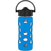 Lifefactory 12-Ounce Glass Water Bottle with Pivot Straw Cap and Protective Silicone Sleeve, Cobalt Blue