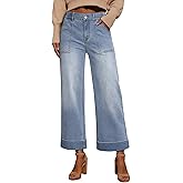 EVALESS Womens High Waist Wide Leg Jeans Trendy Cropped Denim Pants Solid Ankle Length Stretchy Jeans with Pockets