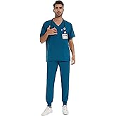 COZYFIT Men Scrubs Set - Stretch V-Neck Scrub Top & Jogger Pant with 8 Pockets, Yoga Waistband, Anti-Wrinkle Scrubs for Men