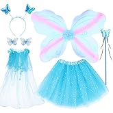 WILDPARTY Fairy Costume Set with Butterfly Wings, Tutu, Butterfly Hair Clips, Magic Wand, Headband and Veil for Age 3-8 Years