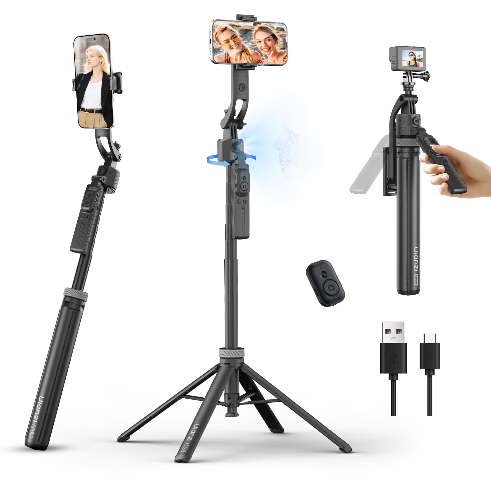 ULANZI TT23 64" Auto Face Tracking Tripod for iPhone/Android with Remote, 360°Rotating Selfie Stick That Follows Your Movement, Facial Recognition Tripod for iPhone 17/16/15/14/13/Android/Camera/GoPro