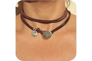 HUASAI Boho Necklaces for Women Western Jewelry Country Concert Outfits for Women Layered Brown Choker Necklace Leather Boho Necklace Western Cowgirl Outfits Jewelry