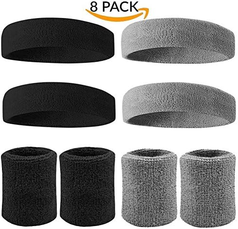 Sweatband Headbands Athletic Wristband Set, Sweat Absorbing Sport Headband Non Slip for Men Women Running, Basketball, Football, Tennis, Cardio, Gym Exercise, Workout(8pcs Black+Grey Head Wrist bands)