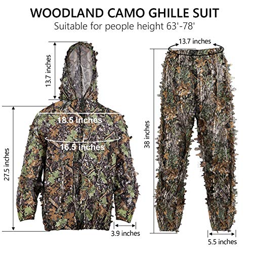 SMZCTYI Ghillie Suit Set, 3D Leafy Woodland Camouflage Clothing, Lightweight & Durable Outdoor Camo Outfit for Youth and Adult (Average)