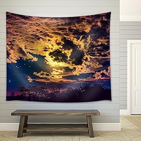 Attractive of Amazing Gold Dark Night Sky with Many Stars and Cloudy Above Silhouette of Trees - Fabric Wall Tapestry Home Decor - 51x60 inches
