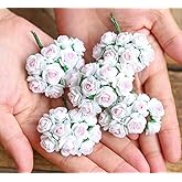 RATREE 888 Handmade 50 pcs Mini Mulberry Paper Roses 18 mm Mulberry Paper Flowers Scrapbooking Wedding DIY Craft. (White Rose Inner Pink)