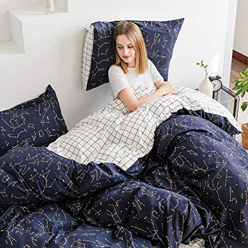 ECOCOTT 3 Pieces Duvet Cover Set Queen 100% Natural Cotton 1 Duvet Cover 2 Pillowcases,Navy and Cosmic Constellation Reversible Printed Pattern Soft Cozy Luxury Breathable and Durable Bedding Set