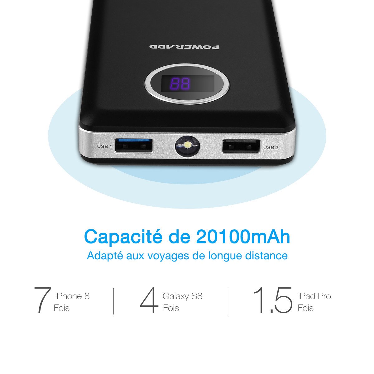 Poweradd 20100mAh batterie externe power bank chargeur portable de secours 2 ports USB(3.0A+1.0A) support QC3.0 quick charge avec un petit LED écran, puisssance pour iPhone, iPad, Samsung Galaxy, des Smartphones et Tablettes-Noir
