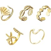 Yuoos 5PCS Gold Seashell Rings for Women Beach Surfer Starfish 18k Gold Dainty Seashell Wave Stacking Rings Summer Jewelry for Women Girl