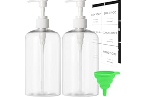 LEWISTIN Soap Dispenser with Waterproof Labels, Thickened Plastic Hand Soap Dispenser for Bathroom, Kitchen Dish Washing Liquid Bottles, Shampoo and Conditioner Bottles (16.9 oz, Set of 2, Clear)