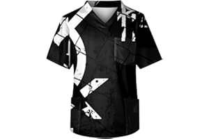 WHHFOOH Scrubs for Men Fashion Casual V Neck Short Sleeve Nurse T Shirt Print Soft Comfy Lightweight Scrub Tops with 3 Pocket
