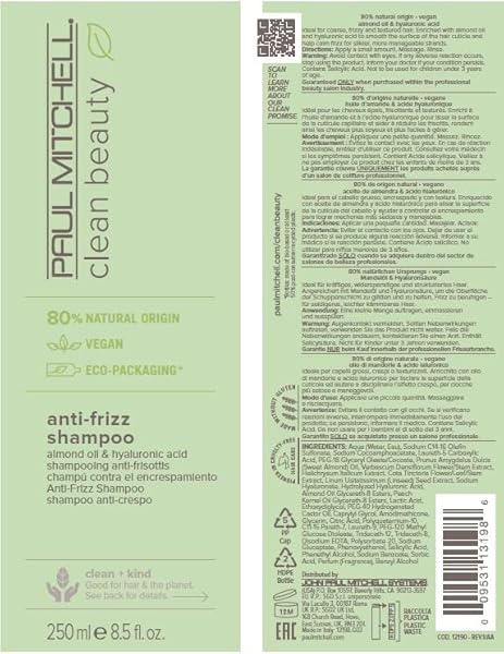 PAUL MITCHELL CLEAN BEAUTY ANTI-FRIZZ SHAMPOO, SMOOTHES HAIR, CALMS FRIZZ, FOR TEXTURED, FRIZZ-PRONE HAIR, 8.5 FL. OZ.
