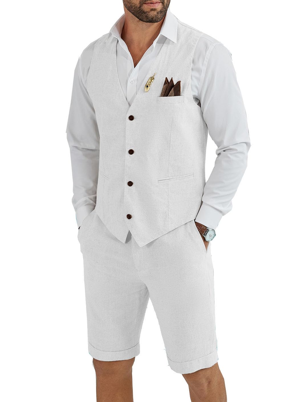 Photo 1 of Tiefony Men's Linen 2 Piece Suit Slim Fit Wedding Groom Groomsmen Summer Vest Shorts Set White XL