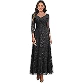 VGMXF Lace Applique Mother of The Bride Dresses for Women with 3/4 Sleeves Tulle Pleated V Neck Wedding Guest Dress