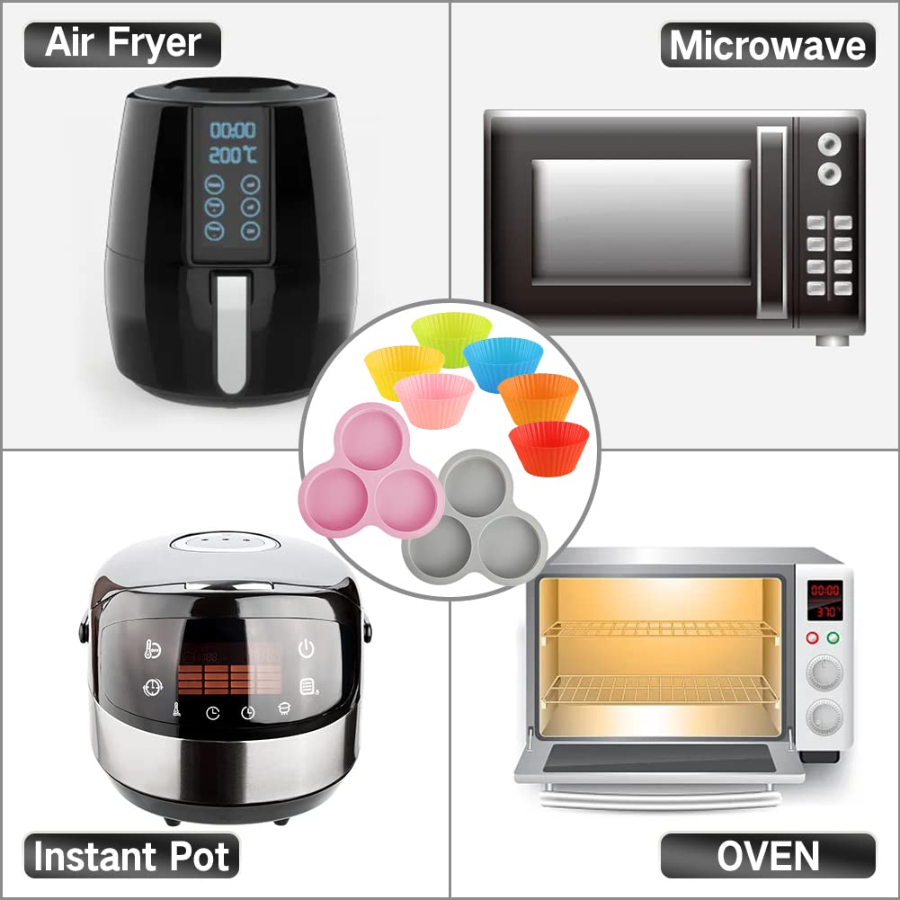 Abnaok 2PCS Silicone Air Fryer Egg Pan with 6PCS Reusable Silicone Baking Cups, Non-Stick Air Fryer Baking Pan, 3 Cavity Silicone Muffin Pans Muffin Cups for Baking