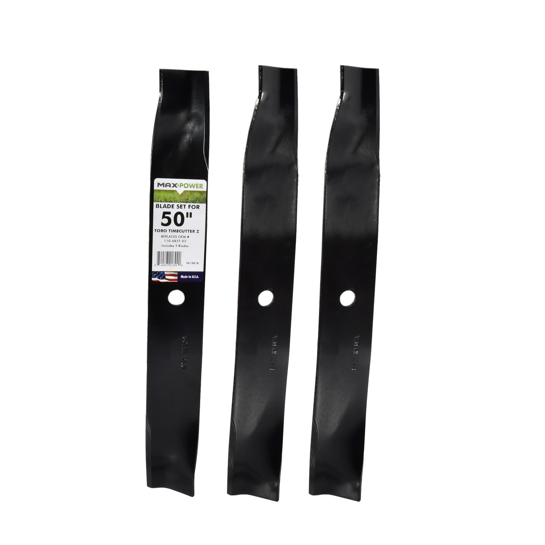 Maxpower 561381B 3 High Lift Blade Set for 50'' Cut Toro Time Cutter Z Mowers Replaces OEM no.110-6837-03, black