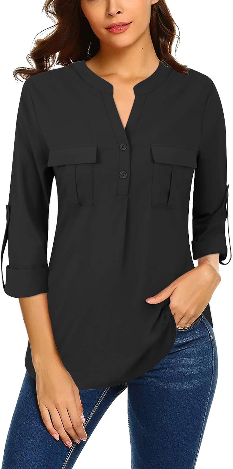 Bulotus Women's V Neck Chiffon Blouse Business Casual Button Down Shirts: Clothing