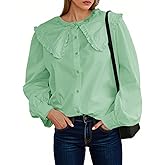 Tankaneo Womens Button Down Shirts Cotton Puff Sleeve Babydoll Blouse Fall Casual Doll Collar Tops