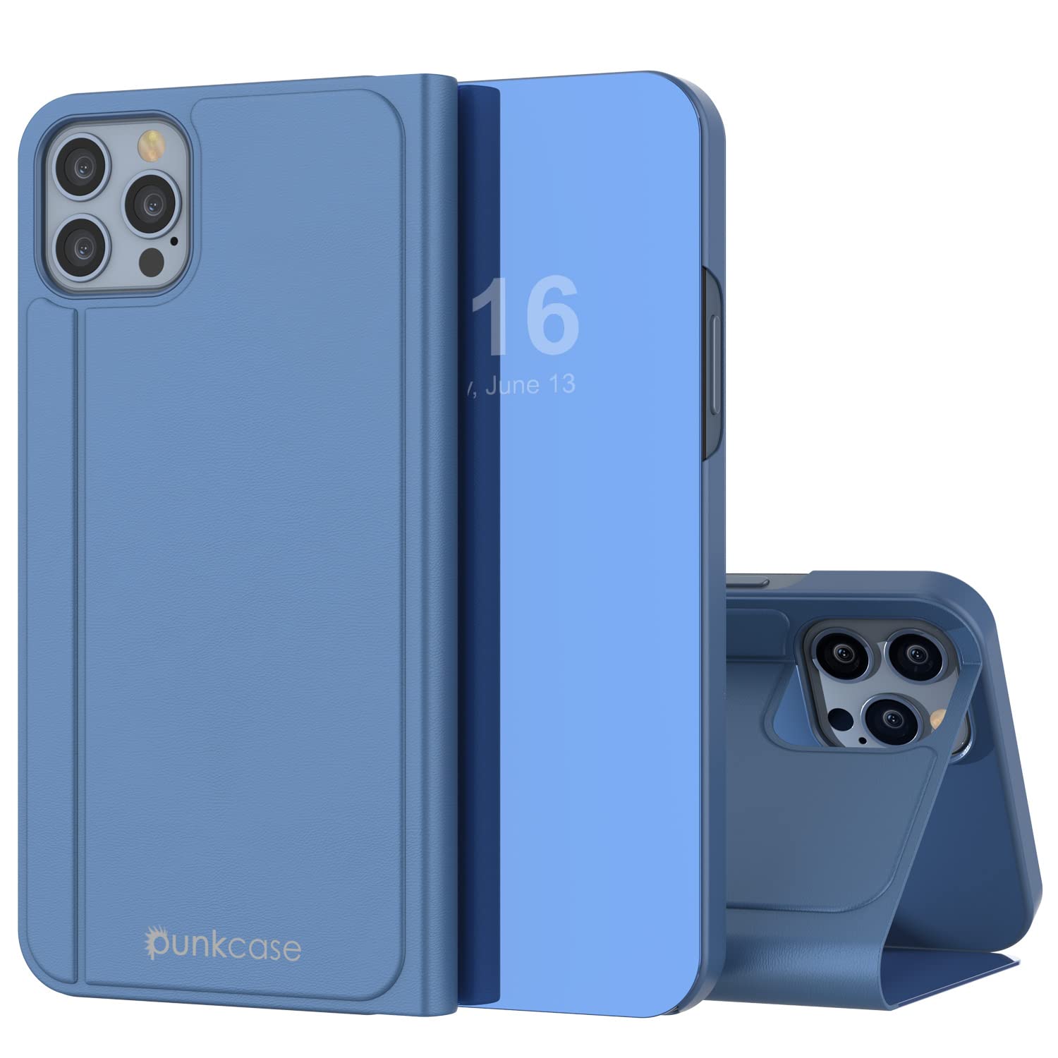 Punkcase for iPhone 13 Pro Max Reflector Case Protective Flip Cover W/Scratch Resistant Semi-Translucent Mirror Front & Non-Slip PU Leather Back for iPhone 13 Pro Max (6.7") (2021) (Blue)