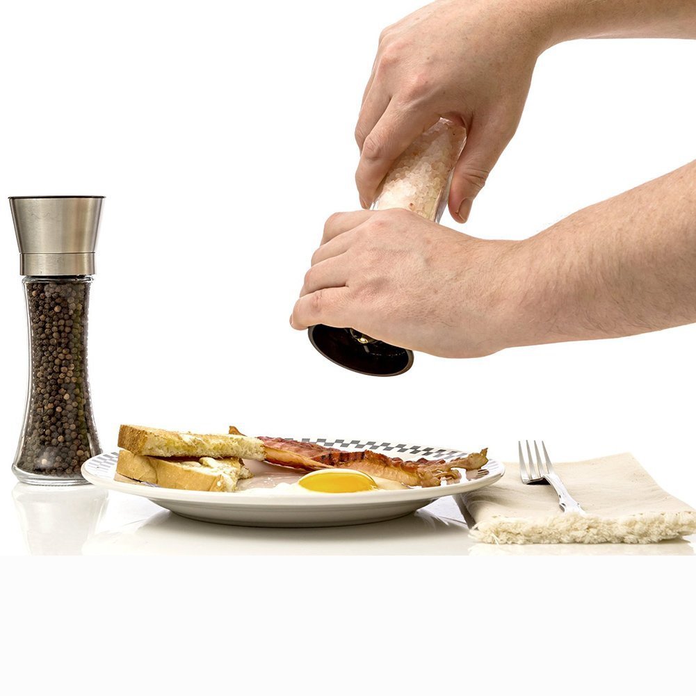 Premium Stainless Steel Salt and Pepper Grinder Set,Brushed Stainless Steel Salt and Pepper Shakers,Pepper Mill and Salt Mill with Glass Tall Body and Adjustable Ceramic Rotor by Feiuruhf, Set of 2