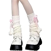 Kajoeiae White Leg Warmers with Bow and Fur Balls, Y2K Rib Knit Boot Socks, Harajuku Cutecore Leg Warmers for Women