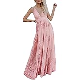 Dokotoo Womens Formal Dresses Deep V-Neck Embroidered Lace Mesh Evening Party Prom Dress Long Wedding Dress