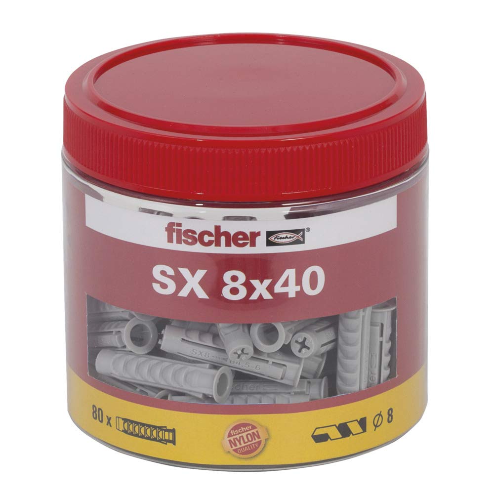 fischer SX 8 x 40 Expansion dowels, Handy Round Box with 80 Nylon dowels, dowels for Optimal Hold for fixings in Concrete, Perforated Bricks, aerated Concrete, Solid Brick and Much More.