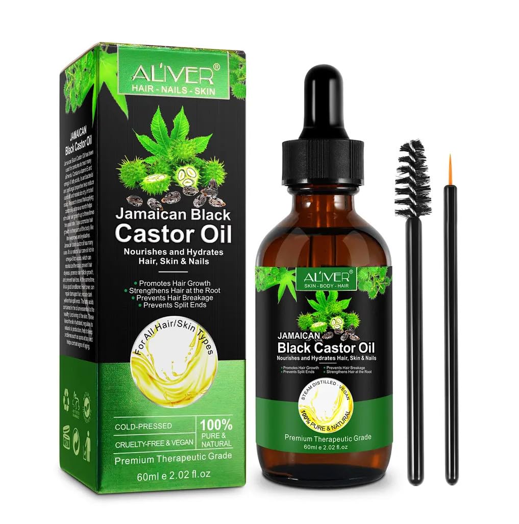 Jamaican Black Castor Oil, Pure Cold Pressed Castor Oil for Eyebrows, Eyelashes, Hair Growth, Nails, and Skin with 1 Set of Eyebrow & Eyeliner Brushes 60ml