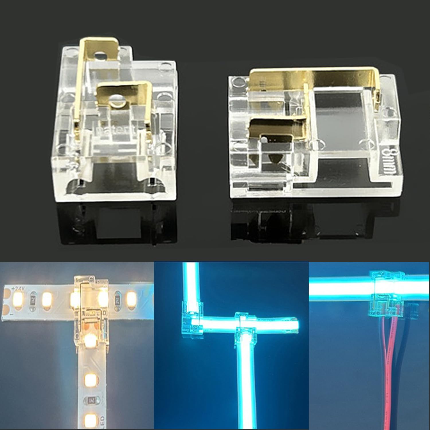 20pcs 2 Pin 8MM COB LED Connectors,T L Shape LED Corner Connectors,Gapless Solderless Clear Connector,Strip to Wire Connectors for SMD & COB 3528 2835 LED High Density Strip Lights