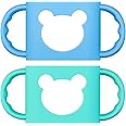 Baby Bottle Handles, Durable Food Grade Silicone Transitional Sippy Cup Handle Grip for Wide-Neck Baby Bottles, Cute Bear Design, Pack of 2, Blue & Turquoise