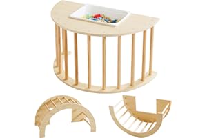 Beright 3 in1 Climbing Arch Sensory Table for Kids, Montessori Climbing Gym, Rocker Board Wooden Toy with Collapsible Storage Bin, Learning Playset