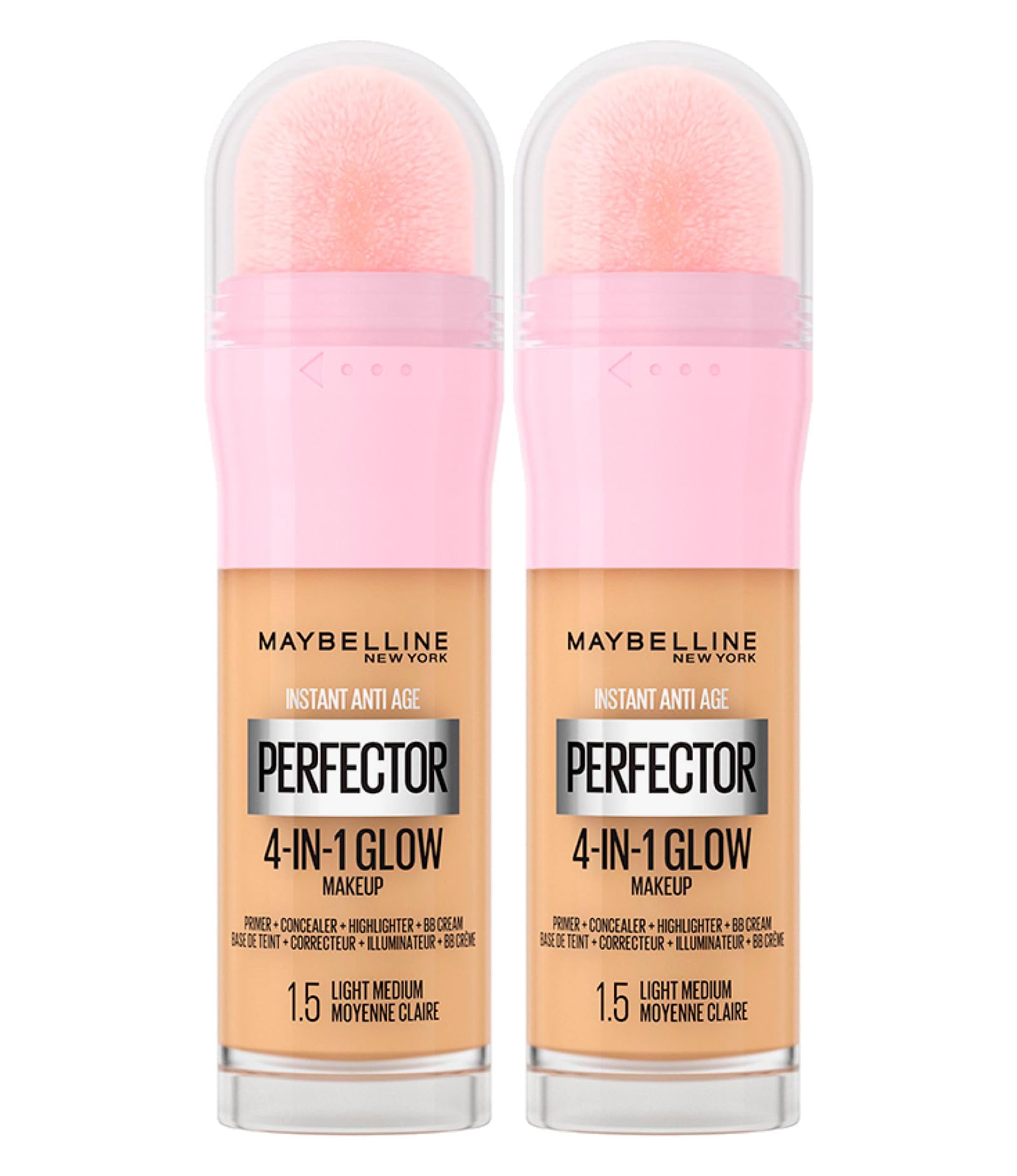 Maybelline New York Instant Age Perfector Glow 4in1 Concealer BB Cream Illuminating Color Primer 1.5 Light Medium with Application Sponge - 2 Bottles of 20ml