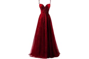 YUAOHUANG Lace Applique Tulle Prom Dresses for Women 2025 Spaghetti Straps Ball Gown Formal Evening Party Gown with Slit