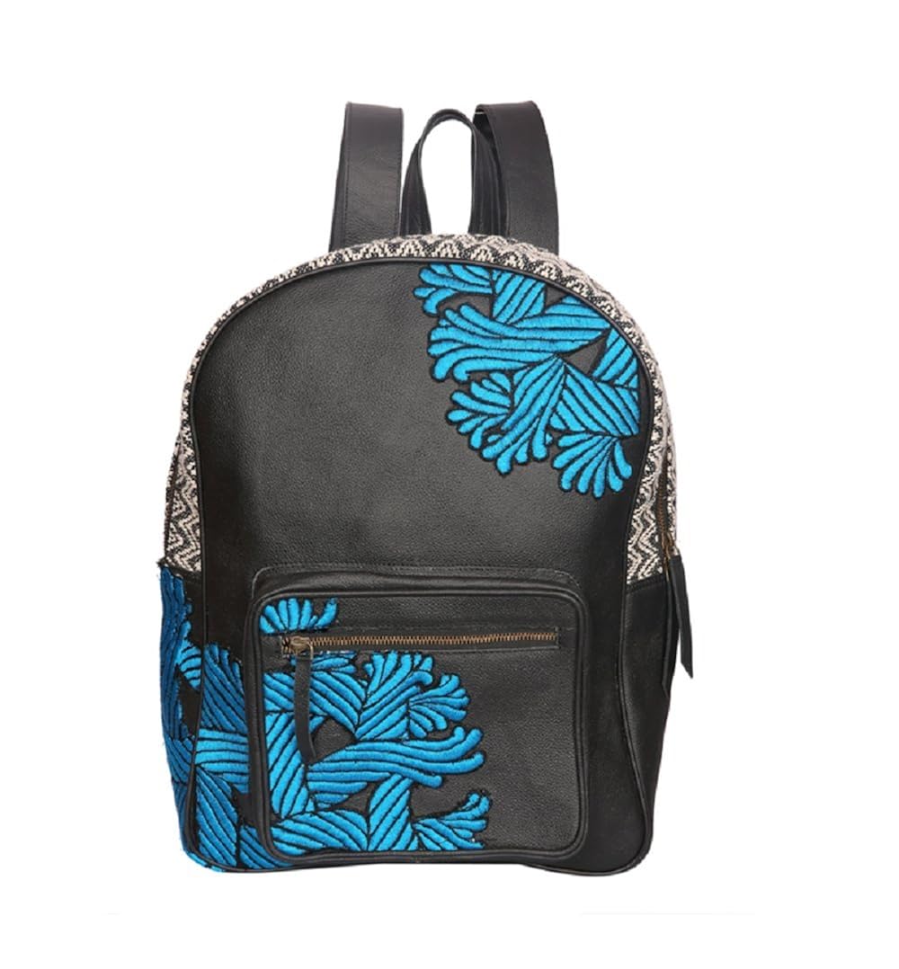 embroidered real leather backpack , jacquard fabric
