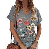 onivison Women's T-Shirts Vintage Flowers V Neck Boho Floral Wildflowers Graphic Tee Casual Cottagecore Short Sleeve T Shirt
