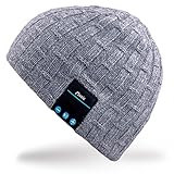 Mydeal Rechargeable Bluetooth Beanie Warm Soft Double Knitted Trendy Short Skully Hat Cap W/ Wireless Headphone Headset Earphone Speakerphone Mic for Sports Skating Hiking Camping Christmas Gift- Gray 